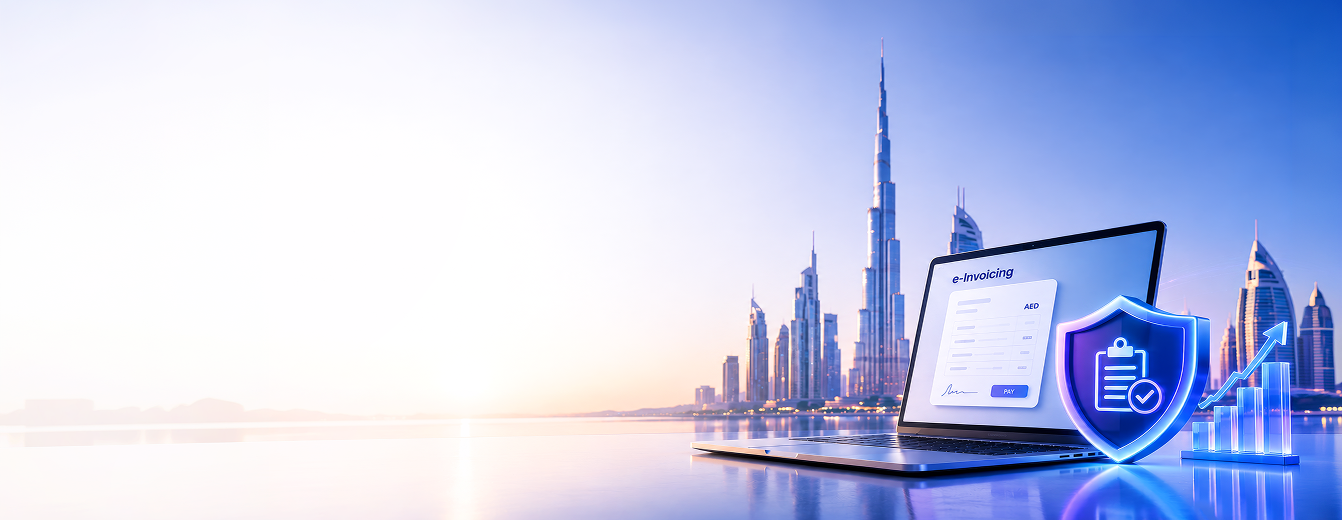 Dubai skyline with e-invoicing graphic